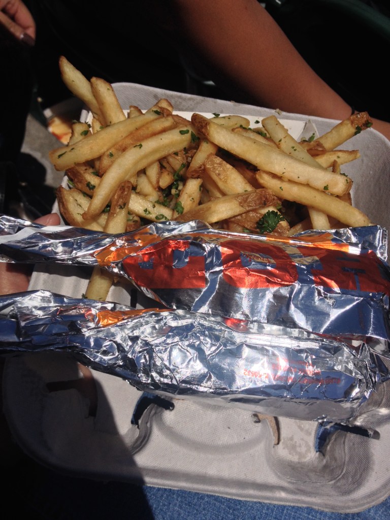 Standard baseball grub: Garlic fries and corndogs